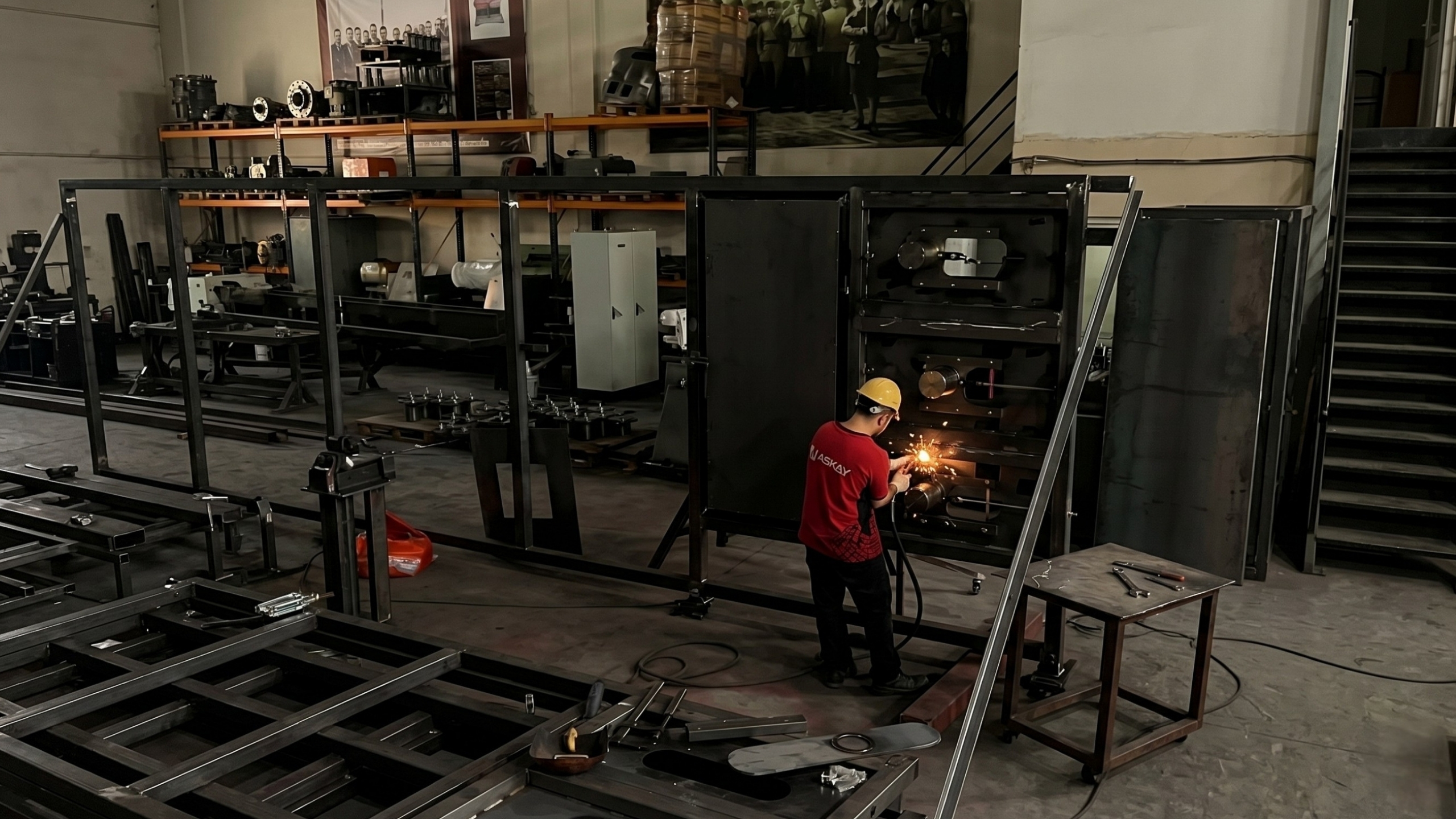 Askay engineers working on pulp molding machinery in the workshop